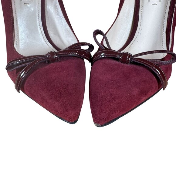 Prada Burgundy Red Suede Pointed Toe Heels Pumps w/ Bow Accent Size 39 - Picture 4 of 11